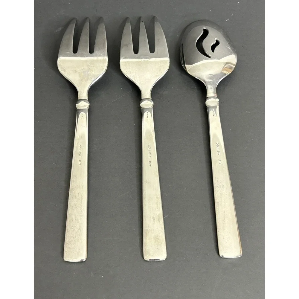 Oneida Attalia 2 Meat Serving Forks and 1 Slotted Spoon Stainless Flatware